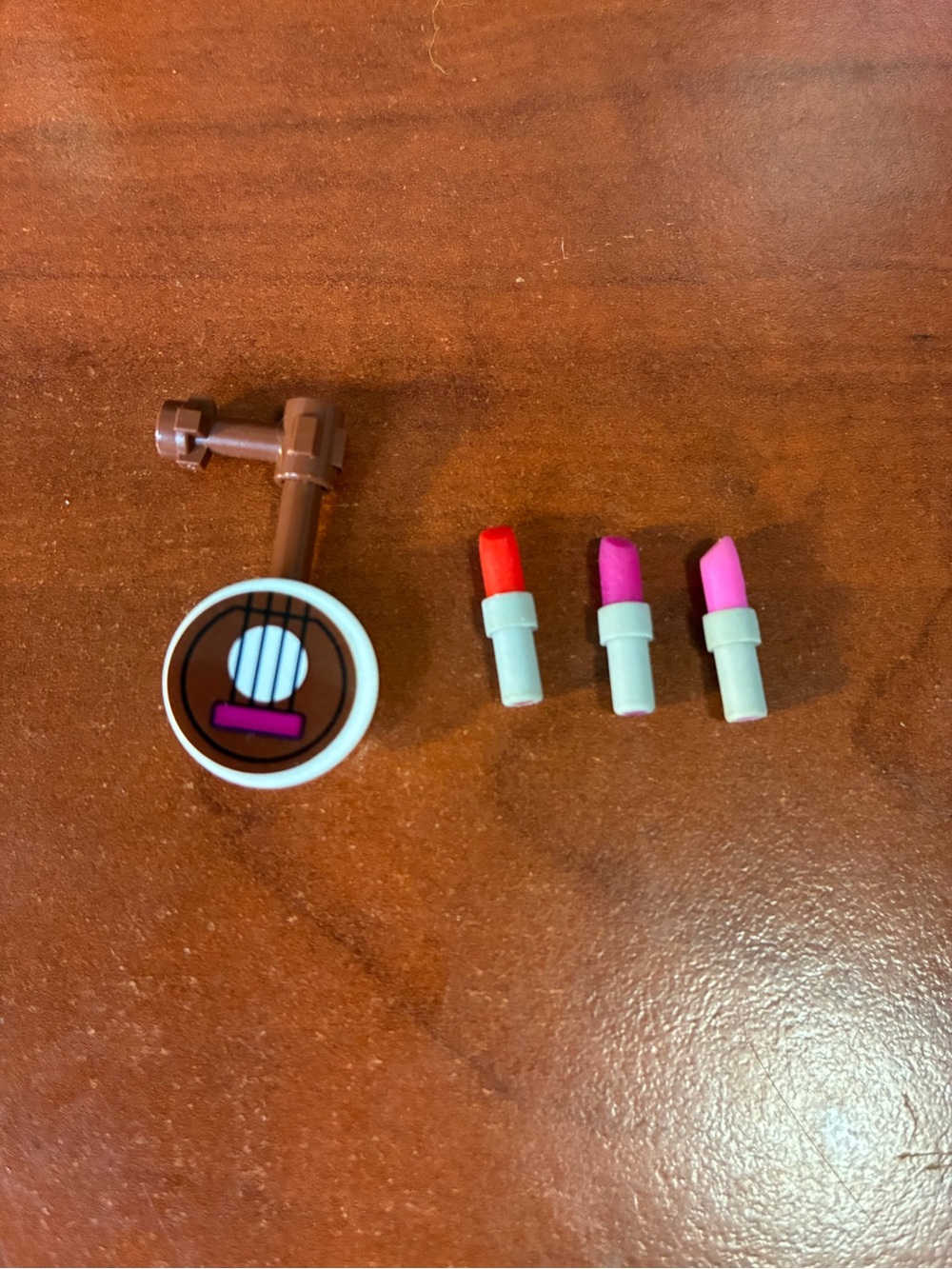Lego Mini Lipstick Accessories in Red, Magenta, Pink with Brown Guitar Handle